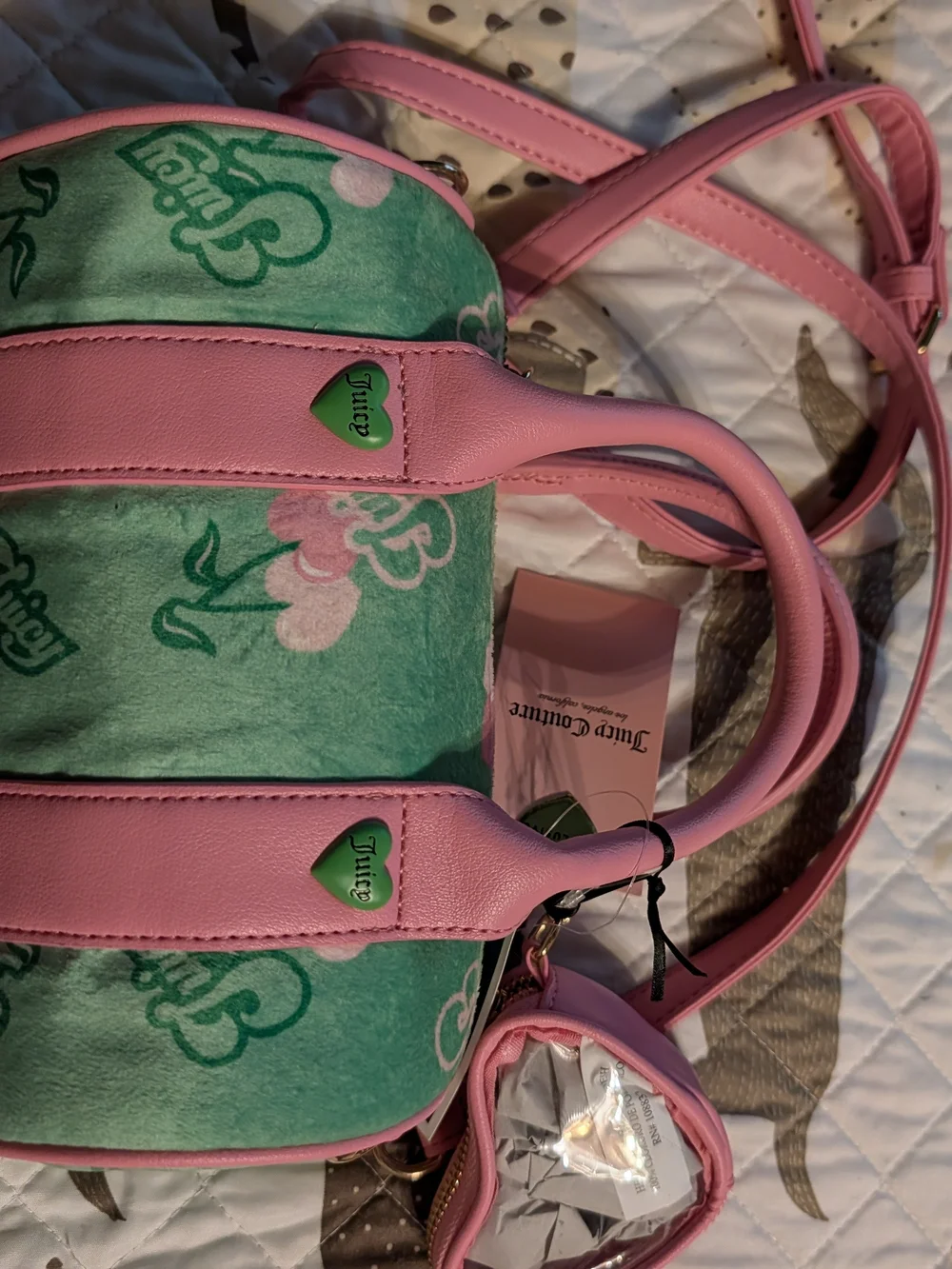 Juicy Couture Pink and Mint Green Heart Accent Satchel